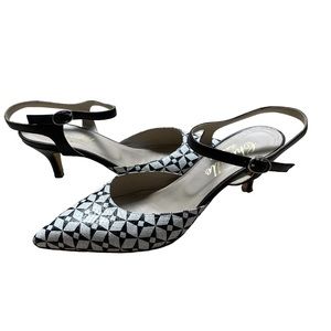 Cheville Black White  Leather Pointy Toe Slingback Made in Italy 6.5